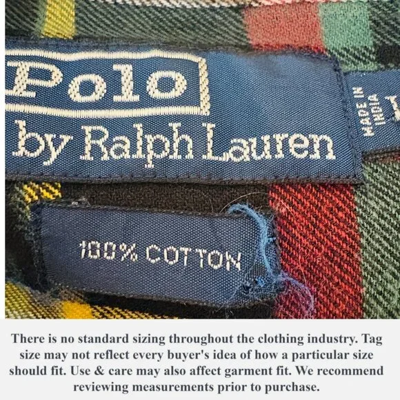 VTG Polo by Ralph Lauren Tartan Plaid Flannel Shirt Suede Shoulder Patch Size L - Picture 11 of 13